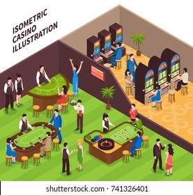 Casino isometric vector illustration with game halls equipment and people coming to play gambling games 