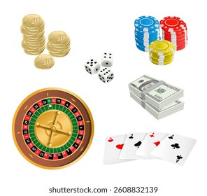 Casino item set on white background. Roulette, dice, chips, money and cards. Vector realistic illustration