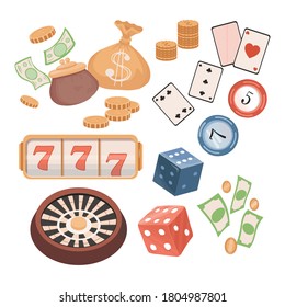 Casino items vector flat illustration isolated in white background. Roulette, golden coins, paper money, slot machine, 777 casino, bags with money, poker chips, playing cards, and dices.