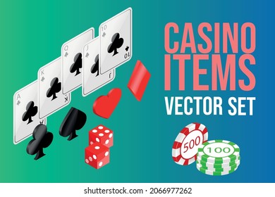 Casino items vector set. Isometry dices, cards, card suits, casino chips. Hearts, Spades, Clubs, Diamonds. Gambling.