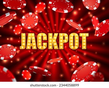 Casino jackpot background with flying gambling chips, poker game vector poster with gold light. Casino jackpot red tokens splash background for poker game lucky win or gamble lottery prize banner