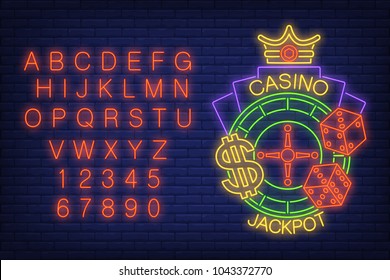 Neonzeichen von Casino Jackpot. Glühendes Neonbalalphabet und Zahlen. Roulette mit Dollarzeichen, Würfel und Krone. Nachtschwärmer-Werbung. Vektorgrafik im Neonstil für Glücksspiel und Casinospiel 