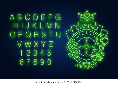 Neonzeichen von Casino Jackpot. Glühendes Neonbalalphabet und Zahlen. Roulette mit Dollarzeichen, Würfel und Krone. Nachtschwärmer-Werbung. Vektorillustration-Illustration im Neonstil für Glücksspiel und Casino-Spiel