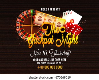 Casino Jackpot Night poster, banner with 3D golden lettering design and playing elements as Roulette Wheel, Slot Machine, Playing Cards and Red Dices.