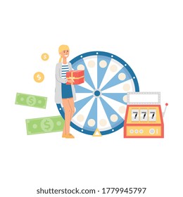 Casino jackpot winner woman with prize money and gift box standing by gambling machines and smiling. Cartoon girl with cash prize and roulette, vector illustration.