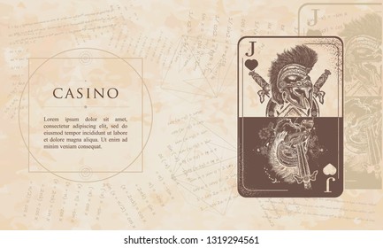 Casino. Joker playing card. Renaissance background. Medieval manuscript, engraving art 