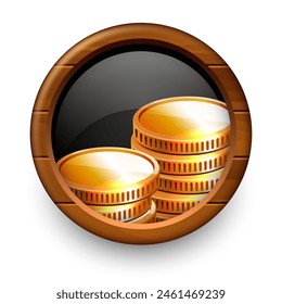 Casino label. Gold coins on a black round background in a wooden frame.