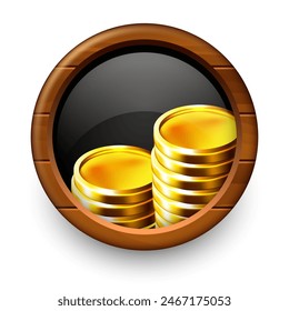 Casino label. Gold coins on a black round background in a wooden frame.
