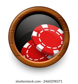Casino label. Red chips on a black round background in a wooden frame.