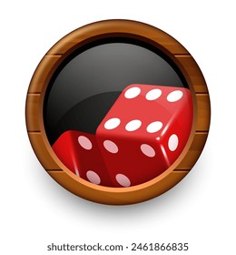Casino label. Red dice on a black round background in a wooden frame.
