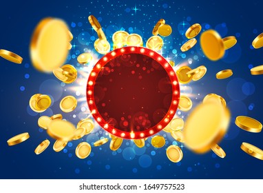 Casino lamp frame with gold realistic 3d coins background. Vector illustration