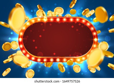 Casino lamp frame with gold realistic 3d coins background. Vector illustration