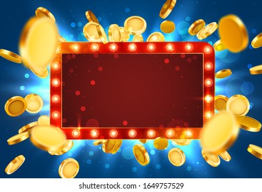 Casino lamp frame with gold realistic 3d coins background. Vector illustration