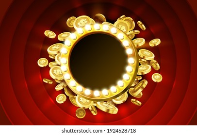 Casino lamp frame with gold realistic 3d coins background. Vector illustration