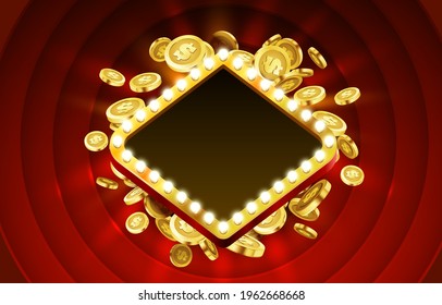 Casino lamp frame with gold realistic 3d coins background. Vector illustration