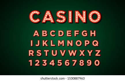 Casino Las Vegas style alphabet with red frame isolated on dark green background. Broadway show style retro font. Vector illustration.