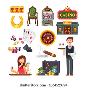 Casino Las Vegas. Types money: cards, coins, bills, roulette. Success, luck, happiness. Casino jackpot, slot machine chance gamble poker chips casino equipment and gambling. Vector illustration