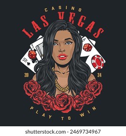 Casino Las-Vegas colorful flyer with woman inviting to try luck in gambling and win big jackpot in poker vector illustration