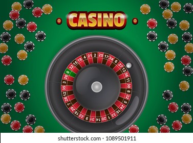 Casino lettering, chips and roulette on green background. Casino business advertising design. For posters, banners, leaflets and brochures.