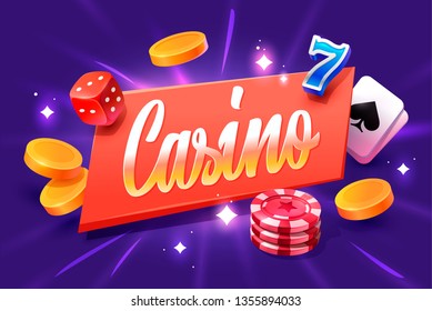 Casino lettering isolated on violet background with casino icons. Vector illustration