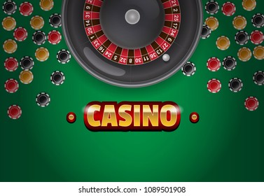 Casino lettering, roulette and chips on green background. Casino business advertising design. For posters, banners, leaflets and brochures.