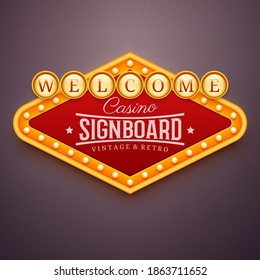 Casino light sign. Wall signage with marquee lights. Casino, theater, cinema or club decor. Retro banner, frame with light bulbs. Vector illustration of vintage signboard for posters and other ads.