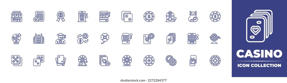 Casino line icon collection. Editable stroke. Vector illustration. Containing slot machine, bingo, certificate, dice, bonus, wheel of fortune, raffle, chip, lottery, monaco, gambler, exchange, clover.