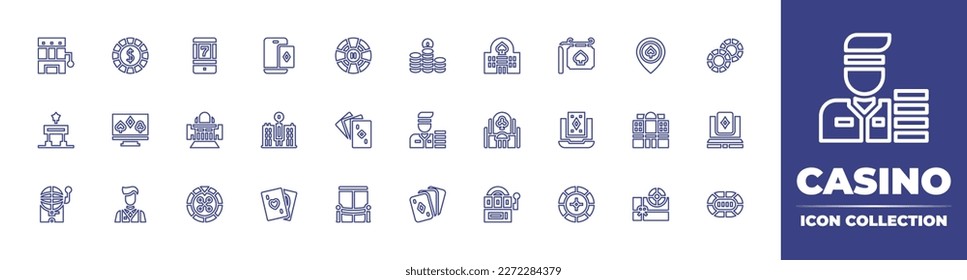 Casino line icon collection. Editable stroke. Vector illustration. Containing roulette, chip, online casino, casino app, chips, casino, coin, bingo, croupier, poker cards, door.