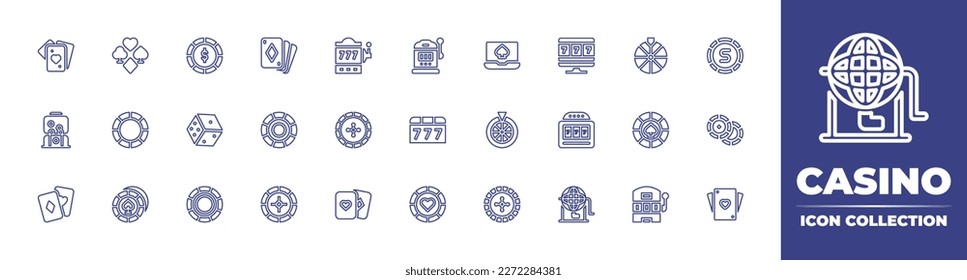 Casino line icon collection. Editable stroke. Vector illustration. Containing playing cards, poker, casino chip, cards, jackpot, slot machine, online casino, roulette, lottery, chip, dice, chips.