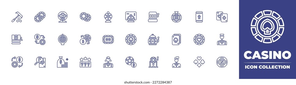 Casino line icon collection. Editable stroke. Vector illustration. Containing croupier, poker table, bingo, chips, wheel of fortune, slot machine, lucky wheel, mobile, playing cards, poker chip.