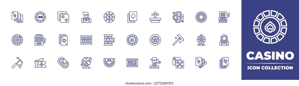 Casino line icon collection. Editable stroke. Vector illustration. Containing poker cards, chip, dice, croupier, poker chip, card, casino roulette, money exchange, casino chip, slot machine, roulette.