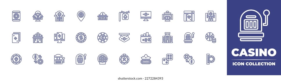 Casino line icon collection. Editable stroke. Vector illustration. Containing casino, online casino, poker cards, poker chip, game, betting, slot machine, bets, casino chip, exchange, fortune wheel.