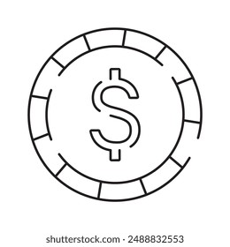 Casino line icon. Poker cards, dice and chips, slot machine symbols and money