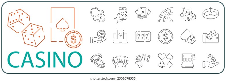 Casino line icon. Poker cards, dice and chips, slot machine. Casino game elements and sign set