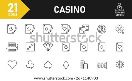 Casino line icon set. Set of 21 outline icons related to poker, playing card, slot machine, dice, lottery, roulette, chip, jackpot, dealer, clover and others. Editable stroke. Vector illustration.