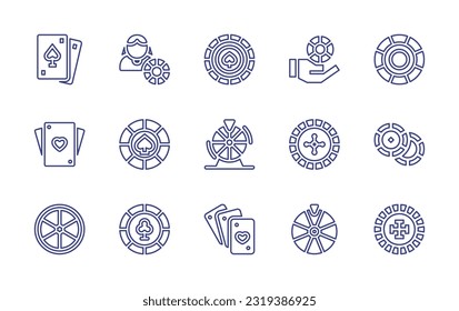 Casino line icon set. Editable stroke. Vector illustration. Containing poker, casino chip, chips, casino, wheel, roulette, chips, lemon, chip, playing cards, lottery, roulette.
