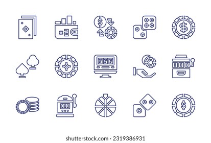 Casino line icon set. Editable stroke. Vector illustration. Containing poker cards, betting, exchange, dices, poker chip, gambling, roulette, poker chips, slot machine, dice, casino chip.