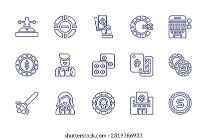 Casino line icon set. Editable stroke. Vector illustration. Containing roulette, poker chip, poker, chip, slot machine, croupier, dice, playing card, casino chips, dealer, spade, casino, casino chip.