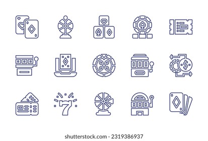 Casino line icon set. Editable stroke. Vector illustration. Containing playing cards, wheel of fortune, gambling, token, casino, online casino, casino roulette, slot machine, money exchange, ticket.