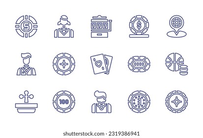 Casino line icon set. Editable stroke. Vector illustration. Containing poker chip, croupier, slot machine, poker chips, placeholder, casino roulette, poker cards, poker table, bets, chip, roulette.