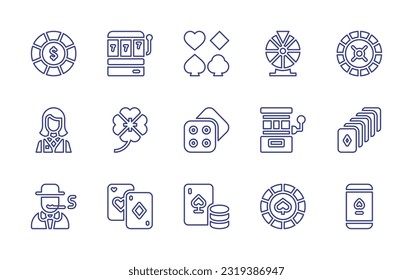 Casino line icon set. Editable stroke. Vector illustration. Containing chip, slot machine, poker, lottery, roulette, croupier, clover, dice, playing cards, player, blackjack, mobile.