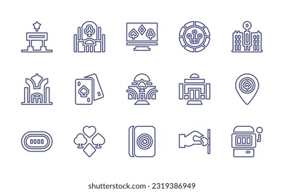 Juego de iconos de la línea del casino. Trazo editable. Ilustración vectorial. Contienen casino, casino en línea, chips de casino, mesa de póquer, póquer, mahjong, chip, máquina tragaperras.