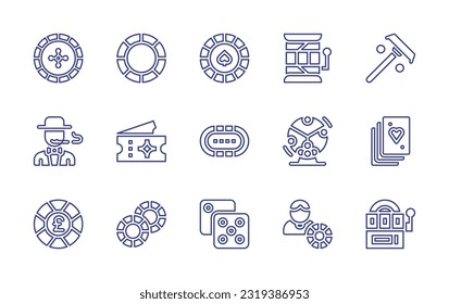 Casino line icon set. Editable stroke. Vector illustration. Containing roulette, chip, slot machine, player, ticket, poker table, lottery, playing cards, game, coin, dice, casino, slot.