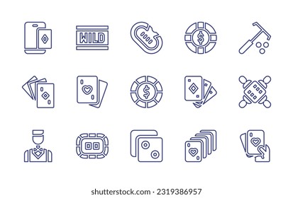 Symbol für die Casino-Linie gesetzt. Bearbeitbarer Strich. Vektorgrafik. Mit Casino-App, Spielautomat, Poker-Tisch, Chip, Craps-Tisch, Casino, Spielkarten, Casino-Chips, Kartenspiel, Poker, Croupier, Würfel.