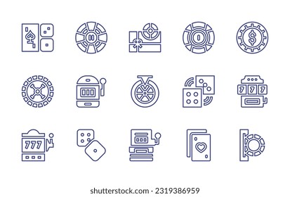 Casino line icon set. Editable stroke. Vector illustration. Containing casino, casino roulette, gift, casino chip, roulette, slot machine, wheel of fortune, dices, jackpot, dice, playing card, token.