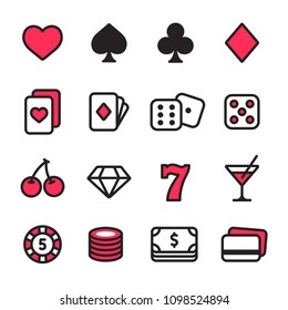 Casino line icon set. Poker cards, dice and chips, slot machine symbols and money. Simple modern style vector icons.