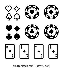 Casino line icon set. Poker cards, dice and chips. Simple modern style vector icons.