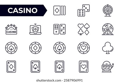 Casino line icon set. poker, card games. Playing cards, chips, lottery, roulette, slot machine. Outline icon collection.