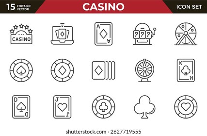 Casino line icon set. poker, card games. Playing cards, chips, lottery, roulette, slot machine. Outline icon collection.