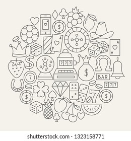 Casino Line Icons Circle. Vector Illustration of Game Outline Objects.